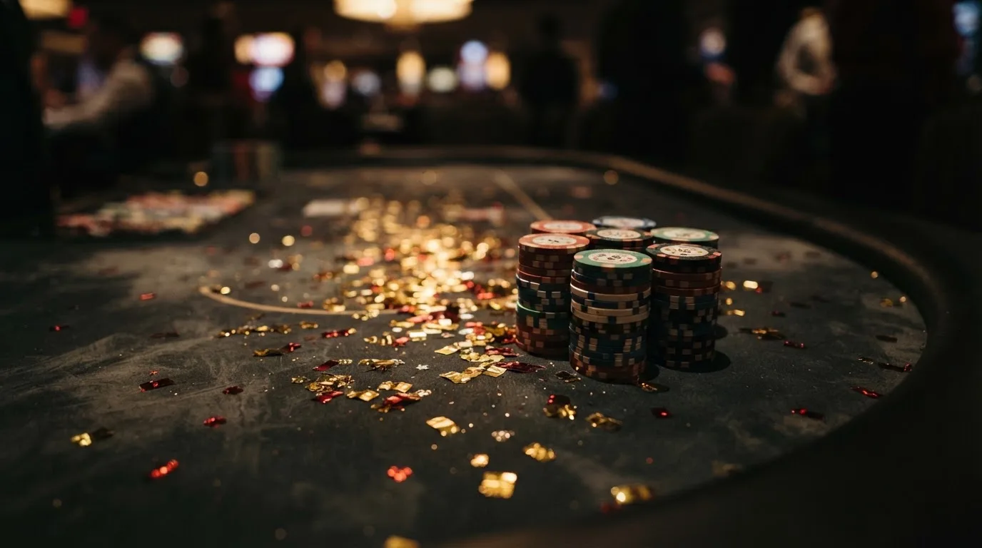 Konfetti i guld och rött ligger utspritt över ett bord bredvid några uppradade spelmarker i mjukt ljus.